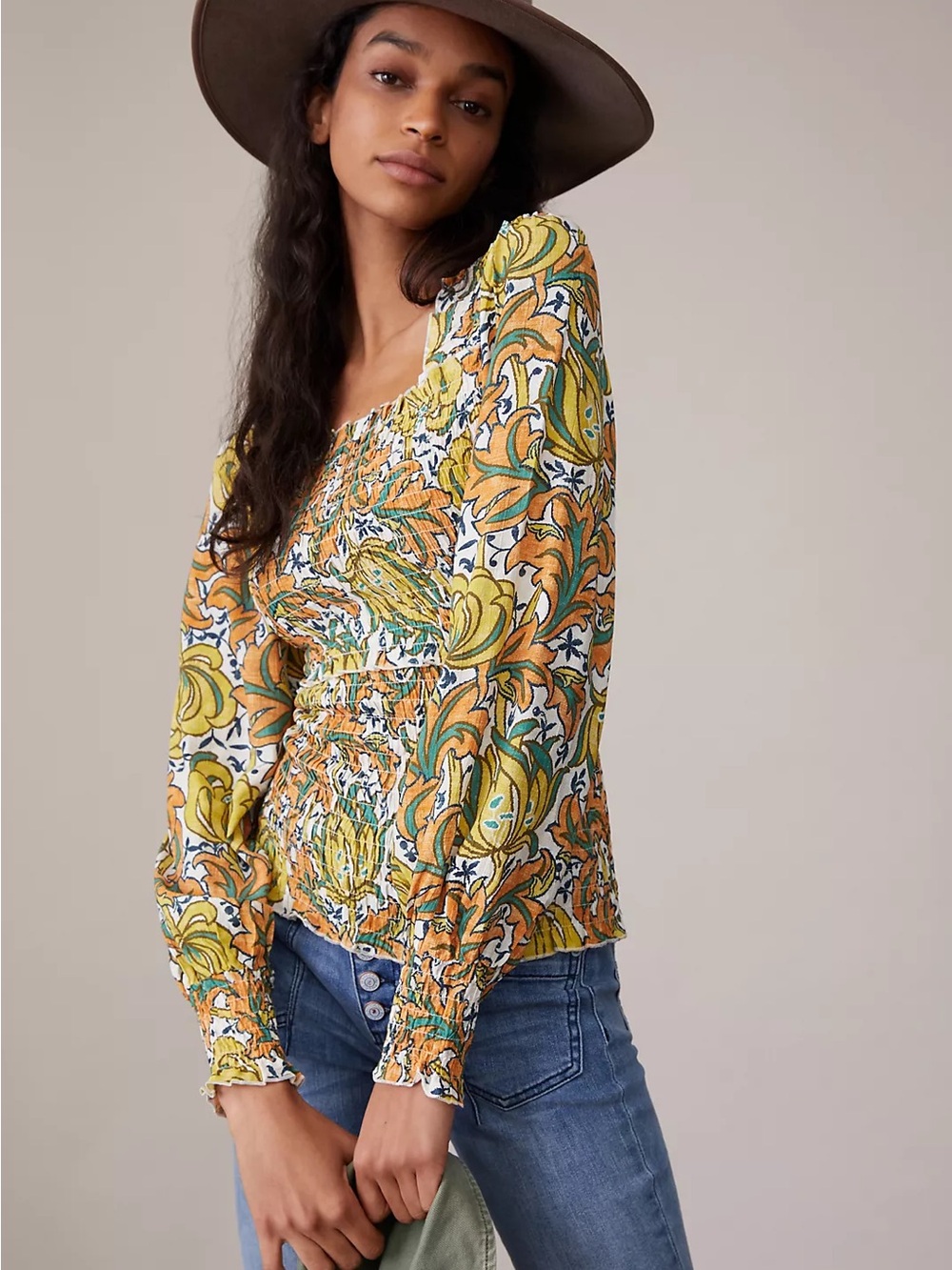 🆕 Anthropologie | Yellow and Green Floral Smocked Blouse